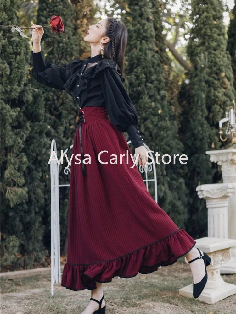BXOXO Vintage Gothic Two Piece Dress Sets Women Black Lace Ruffle Blouse + Lace-up Midi Skirt Winter Court Retro Casual Suits Y2k