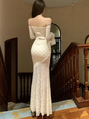 Bxoxo Sexy Bodycon Party Women's Dresses Elegant Slash Neck Lace Patchwork Off Shoulder Long Sleeves Evening Dress Vestidos Long Robe
