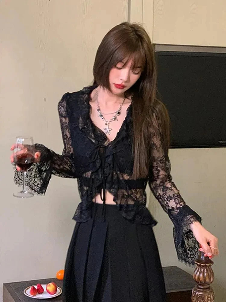 Bxoxo Elegant Lace V-Neck Long Sleeve Shirt Women Fashion Design Sexy Hollow Out See Sun Protection Tops Y2K Summer Chic Thin Blouse