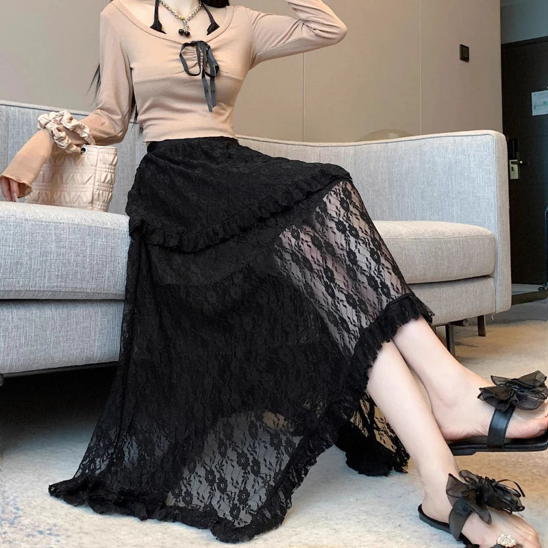 BXOXO Lace Fairycore Tulle Women Skirt Sweet Ruffle White Skirts Vintage Korean Style Streetwear Patchwork Irregular Skirt