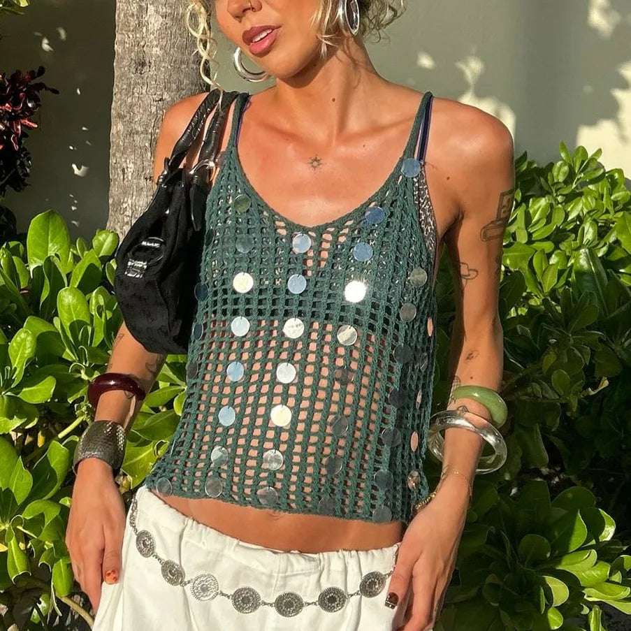 BXOXO Women's Knit Tank Tops with Sequin Summer Backless Sleeveless Spaghetti Strap Slim Fit Hollow Out Camisole Beach Coverup