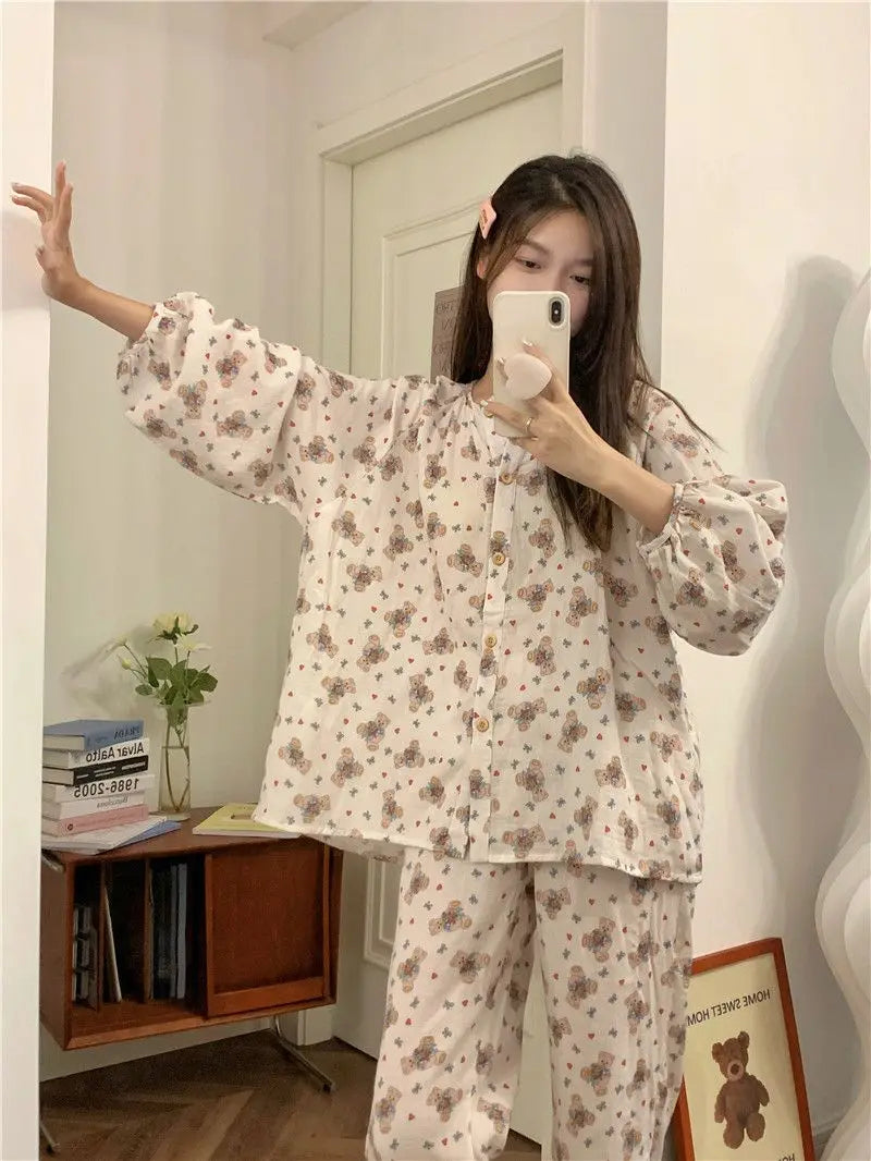Bxoxo Women's Sweet Cute Pajamas Set Female Korean Style Home Clothing Girl Bear Foral Print Sleepwear Long Sleeve Pant Nightwear 2XL