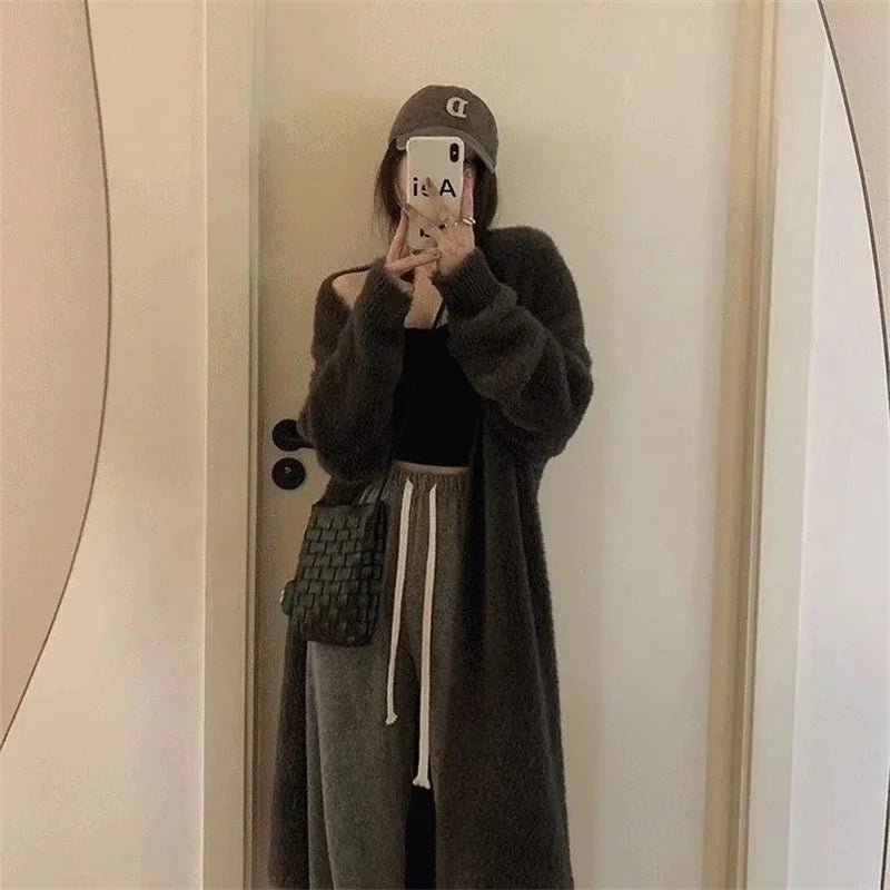 Bxoxo New Imitation Mink Coat Slimming Autumn And Winter Loose Fitting Long Sweater Thickened Lazy Knitted Cardigan Jacket White