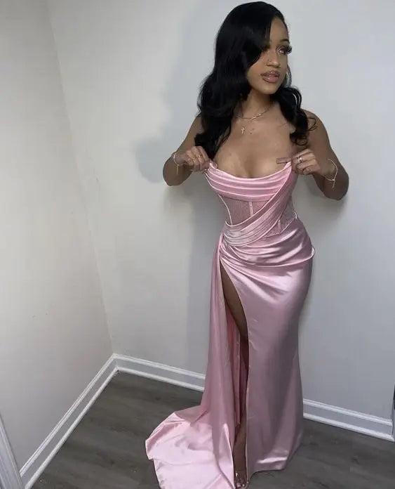BXOXO Pink Mermaid Prom Dresses Strapless Thigh-High Slits See Through Girls Birthday Party Dress Matric Dance Gowns Customized
