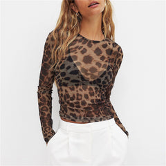 BXOXO Women Sheer Leopard Print Tops Slim Fitted Long Sleeve See Through Mesh Shirts Going Out Y2K Vintage Streetwear