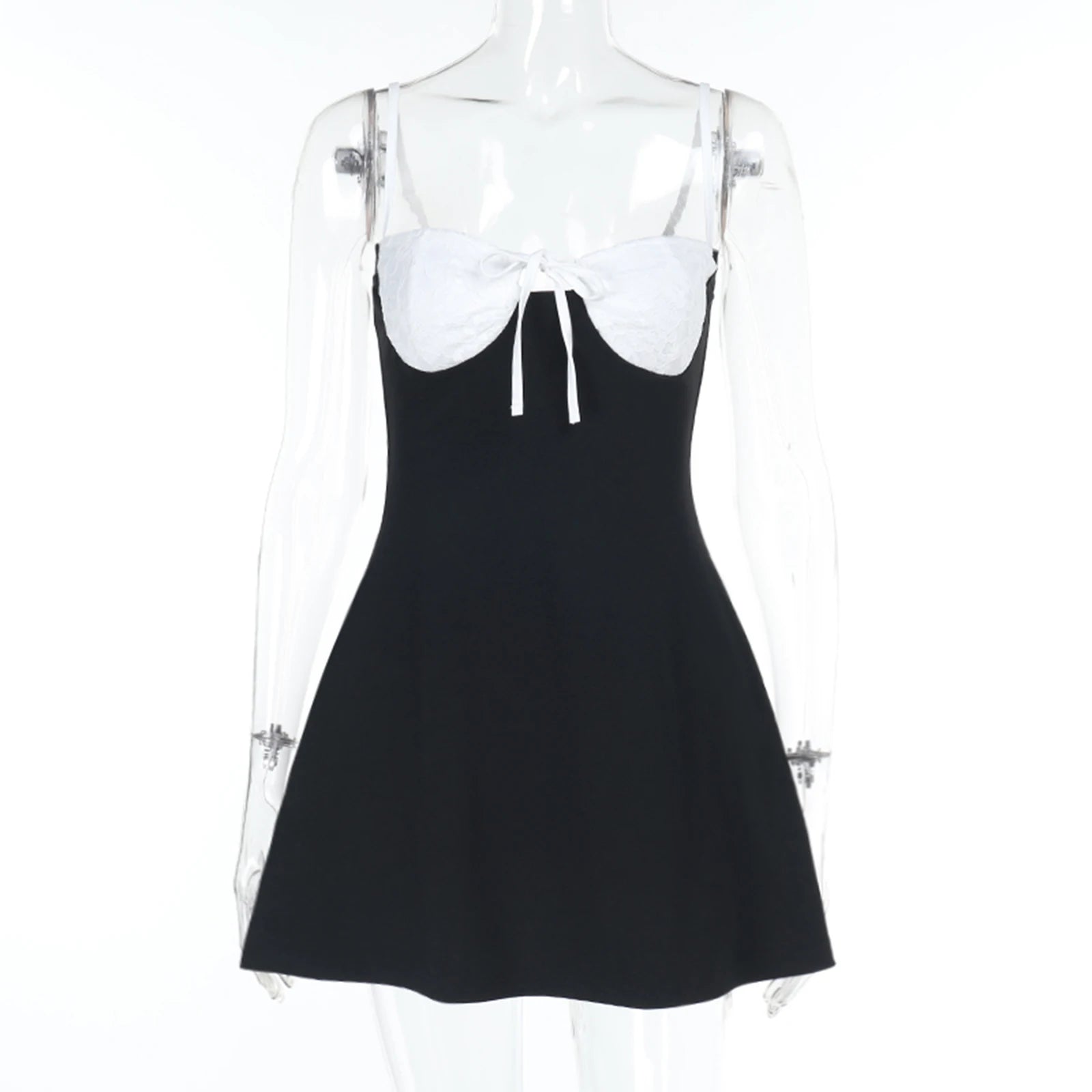 BXOXO Sexy Women’s Lace Patchwork Short Dress Summer Sleeveless Tie-up Front Slim Fit A-Line Dress Party Club Short Mini Dress