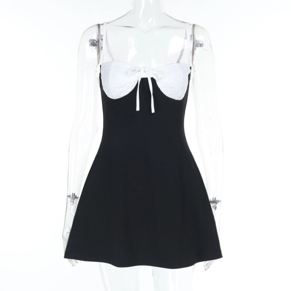 BXOXO Sexy Women’s Lace Patchwork Short Dress Summer Sleeveless Tie-up Front Slim Fit A-Line Dress Party Club Short Mini Dress