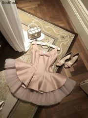 BXOXO Summer French Vintage Elegant Design Woman Dress Sweet Off Shoulder Retro Mini Dress Female Bow Fairy Party Chic Outfits 2025