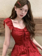 Bxoxo Women's Sexy Hotgirl Dot Dresses Summer French Slash-Collar Slim Fit Hollowed Waist Lace-up A-Line Short Skirt 2025 New Fashion