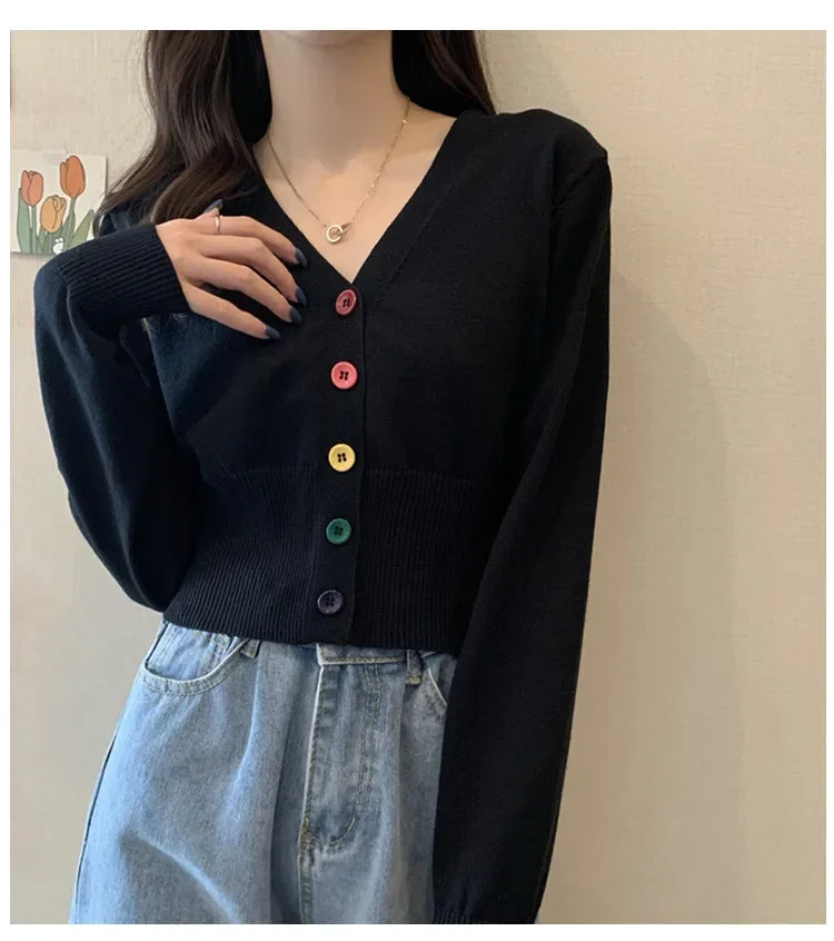Bxoxo Autumn and Winter Little Fresh Colorful Buttons Younger Slim-Fit Slimming V-Collar Cardigan Long-Sleeved Sweater Top for Women