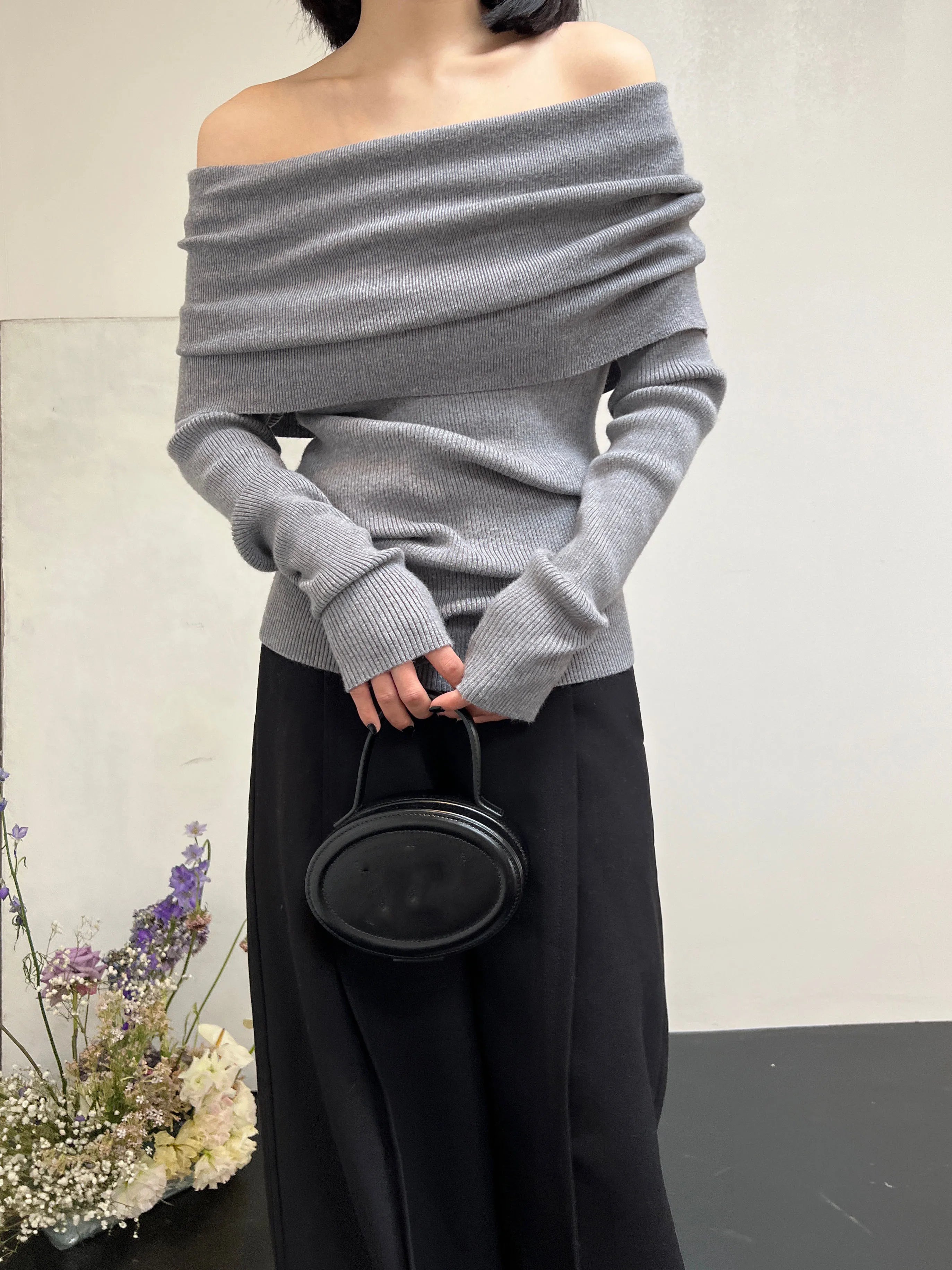 Bxoxo Spring Autumn Off Shoulder Women Sweaters Elegant Vintage Knitted Solid Jumper High Stretch Top  C-038
