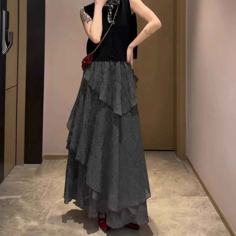 BXOXO Vintage Plaid Skirts Women Irregular High Waist 2025 Fashion Ruffles French Style Chic Elegant Ladies Long Skirt Casual