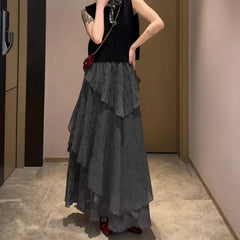 BXOXO Vintage Plaid Skirts Women Irregular High Waist 2025 Fashion Ruffles French Style Chic Elegant Ladies Long Skirt Casual