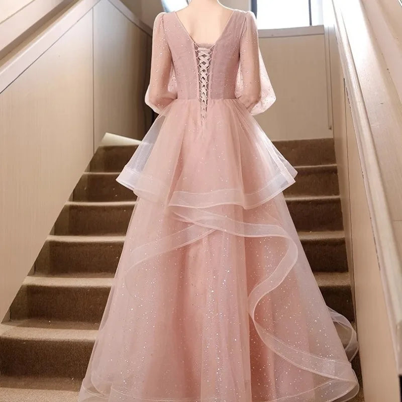 BXOXO CustomizedShiny Pink Tulle Evening Dresses Elegant Banquet Party Long Sleeve Dresses Engagement Luxury Square Collar Appliques B