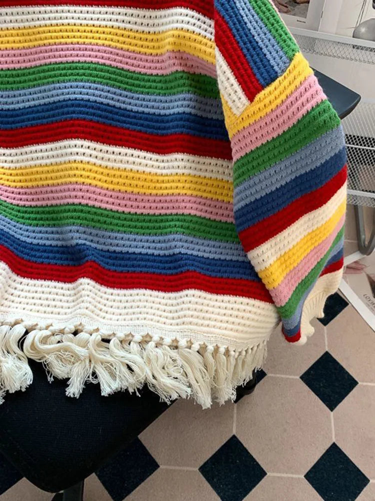 Bxoxo Sweet Rainbow Tassel Sweaters Women Vintage Cute Loose Long Sleeve Knitted Jumper Casual Retro O Neck Lady Hollow Out Pullovers