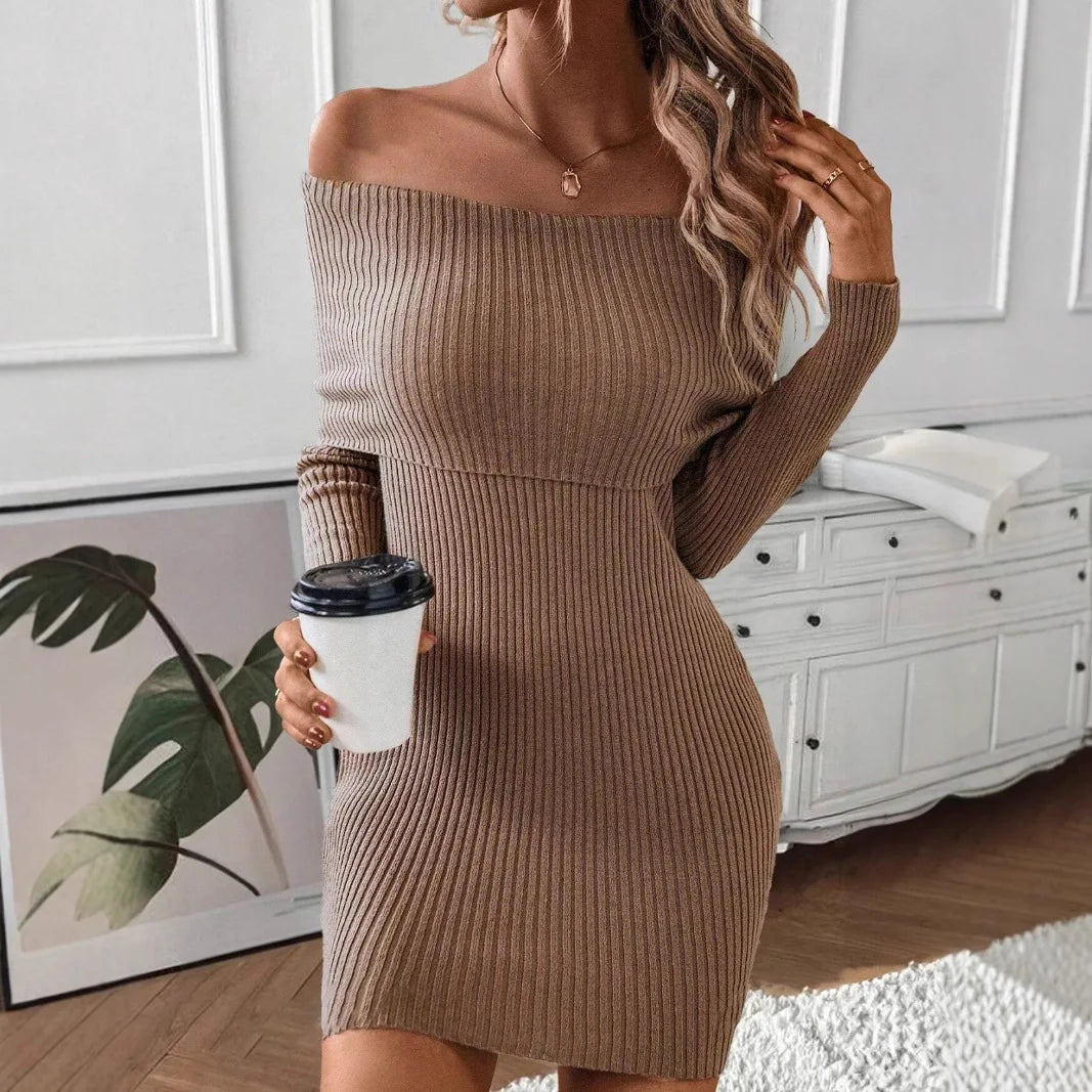BXOXO Women's New Spliced Fashionable Solid Color Slim Fit Casual Long Sleeved Knitted One-piece Collar Dress