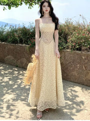 Bxoxo Women's Sexy Hollow Lace Dresses 2025 Summer Elegant French Sling Floral A-Line Full Skirt Long Dress Fashion Holiday Vacation