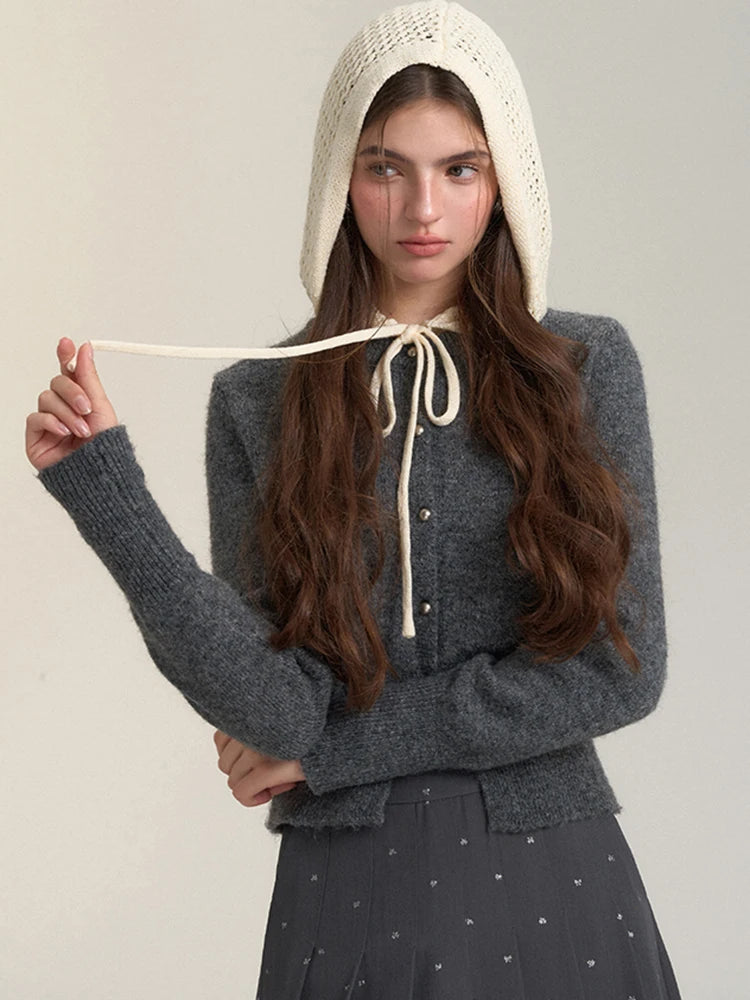 Bxoxo Vintage Streetwear Hooded Cardigan Women Long Sleeve Hollow Out Patchwork Knitted Sweaters American Retro Lace Up Lace Tops