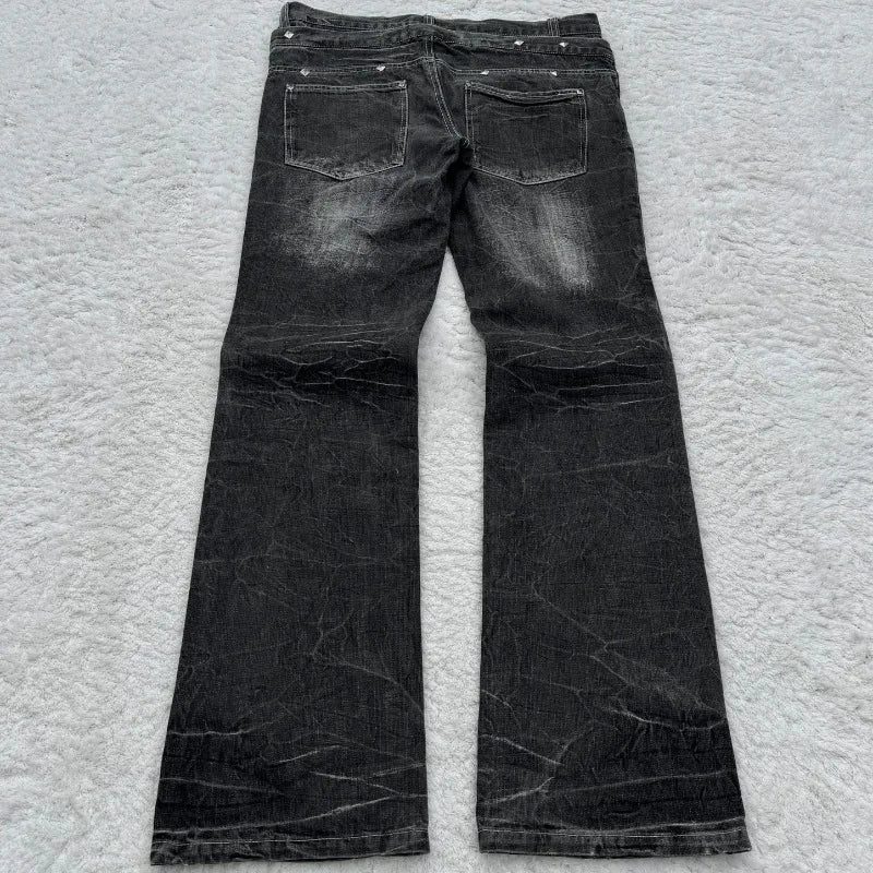 Bxoxo Vintage Double Waisted Lace Up Micro Flared Jeans Women Y2K Washed Wide Leg American Style Denim Pants Baggy Streetwear