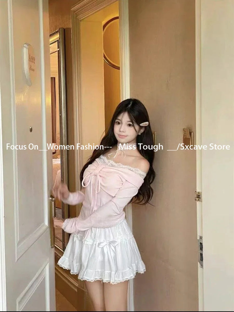 BXOXO Autumn Japanese Sweet Long Sleeve Sweater Women Elegant Chic Bow Off Shoulder Solid Thin Pullover Cute Pretty Skinny Lace Up Top