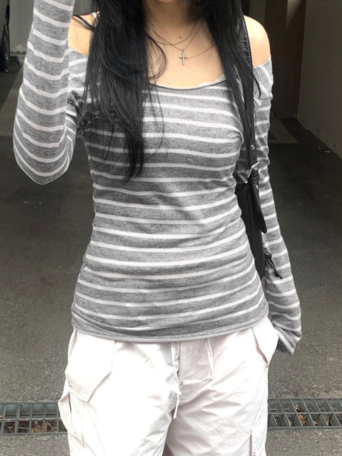 Bxoxo Japanese Basic Slim Long Sleeve Stripe Tee Off Shoulder O Neck Korean Street Style Spring Autumn Y2K Gray T Shirt Women