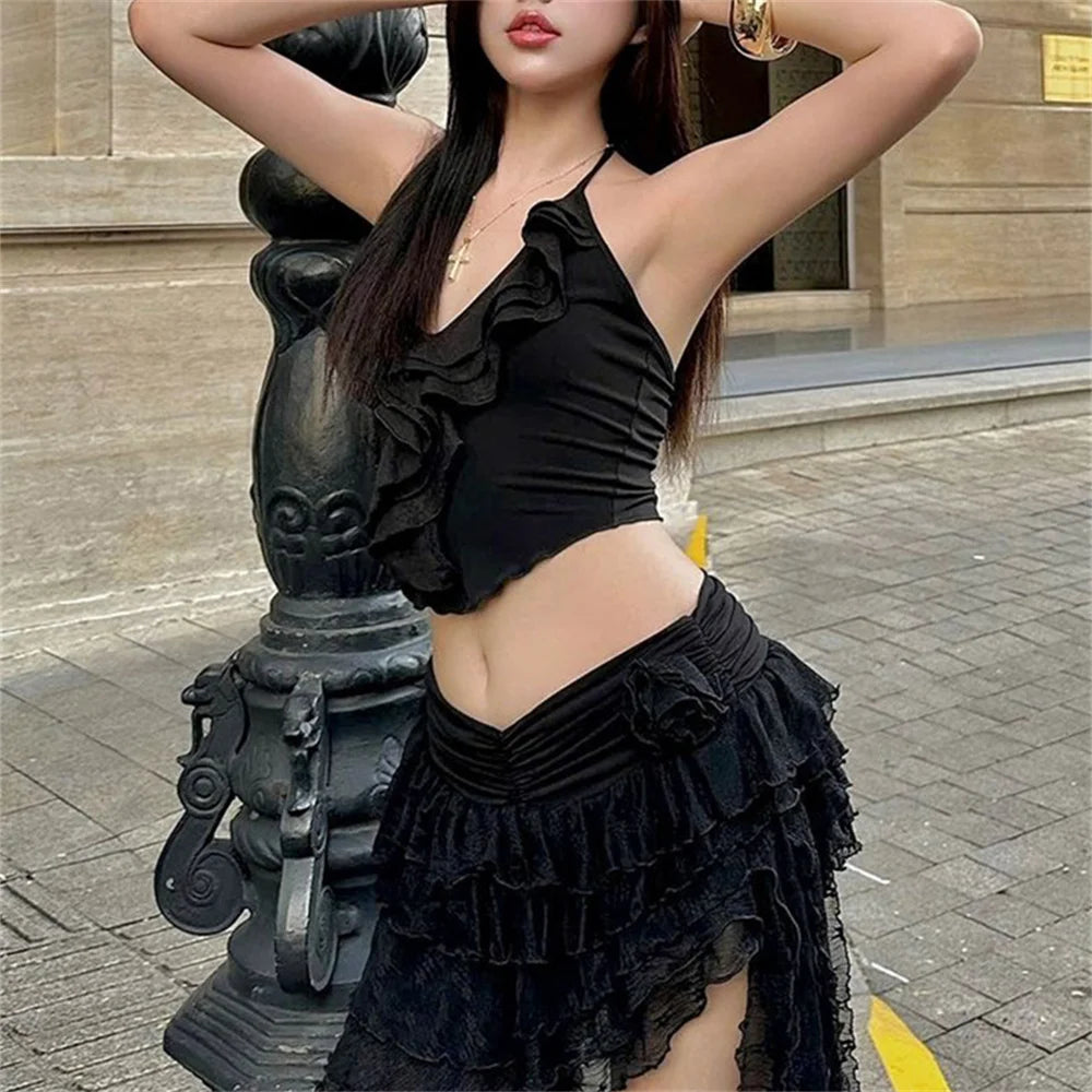 BXOXO 2 Piece Set Women Summer Lace-Up Low-Neck Multi-Layered Lace Collarmini Tops+Tassel Skirt Multilayer Irregular Hem Suit