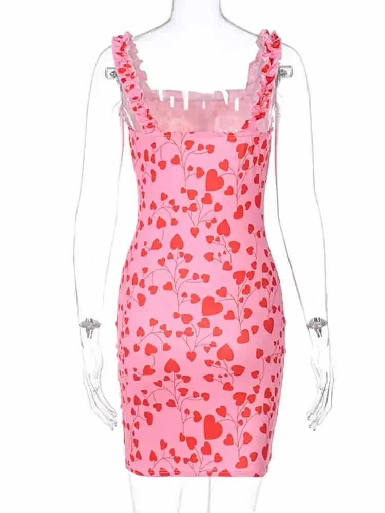 BXOXO Pink Mini Pencil Dress Summer Bodycon Dresses Heart Print Sweet Dresses Ladies Boho Sundress Streetwear Aesthetics Y2K Clothes