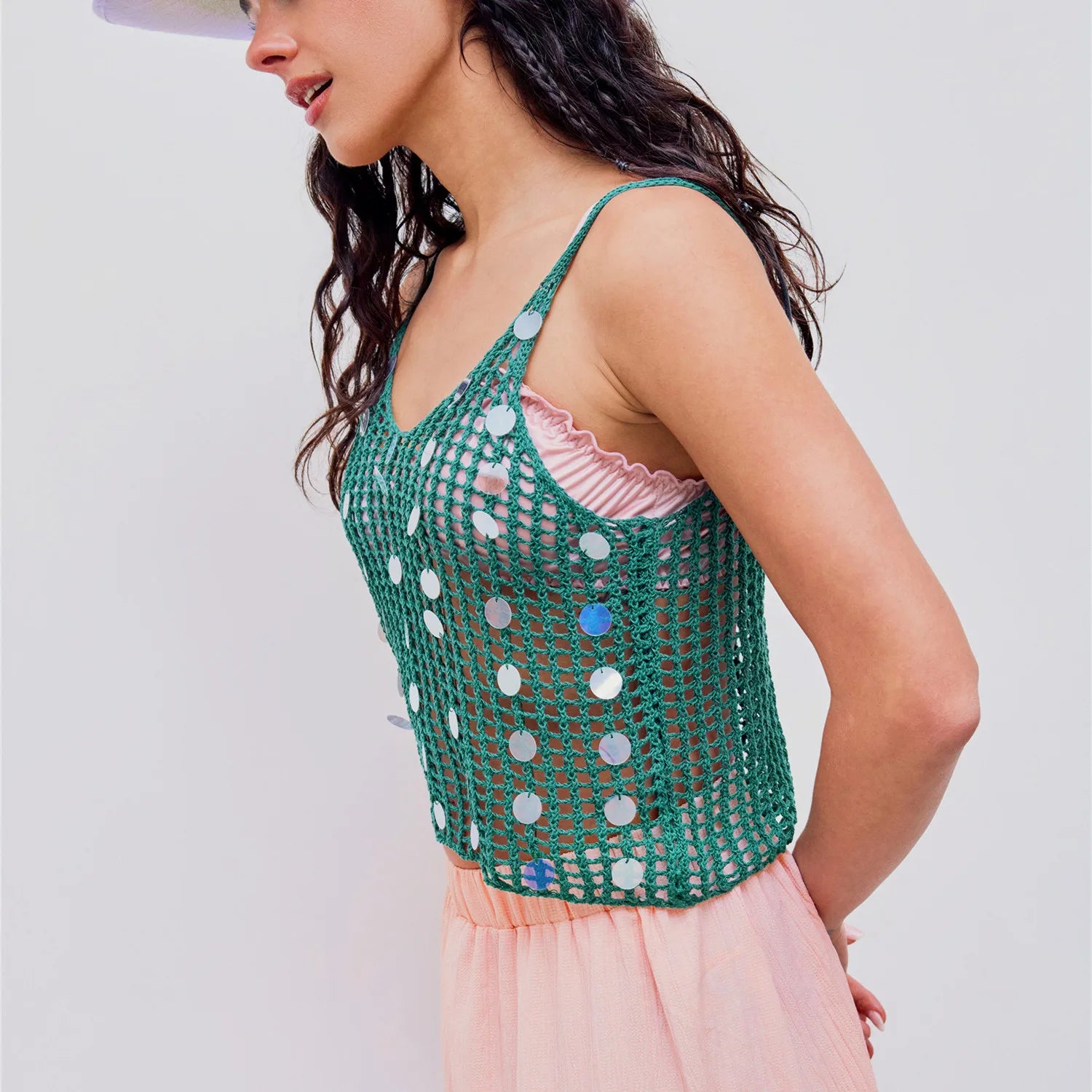 BXOXO Women's Knit Tank Tops with Sequin Summer Backless Sleeveless Spaghetti Strap Slim Fit Hollow Out Camisole Beach Coverup