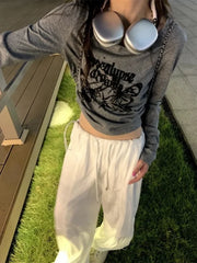 BXOXO Sexy Pleated Grunge Tee Shirts Femme Slim Fit Y2k Aesthetic Letter Print Long Sleeve Cropped Top Women Fashion All Match T-shirt
