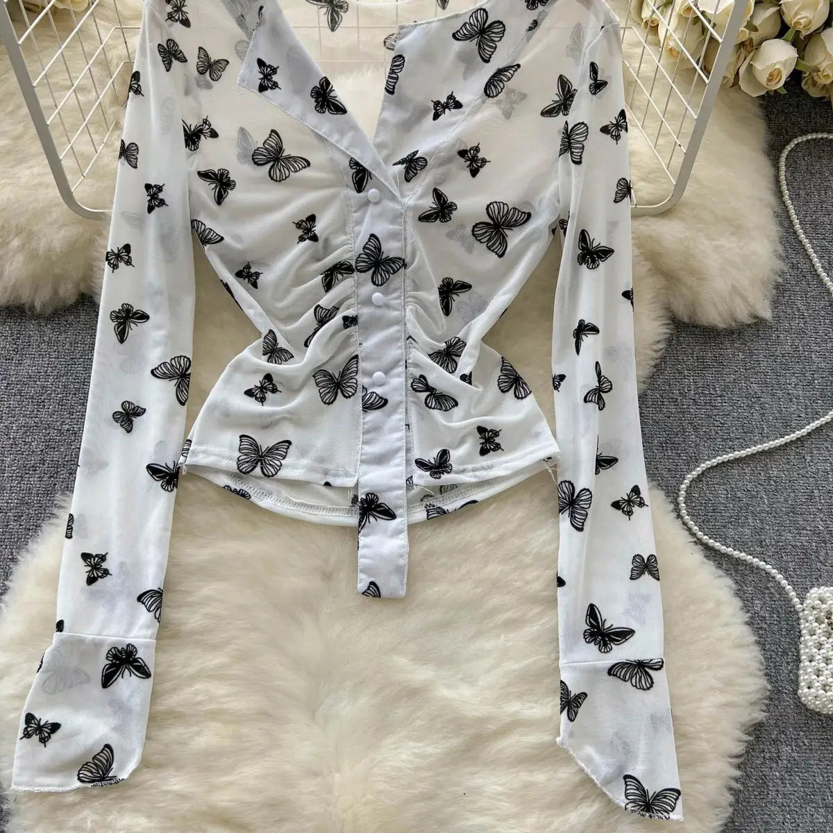 Bxoxo Butterfly Print Blouse Summer Long Sleeve V Neck Y2K 2024 Slim Vacation Ladies High Street Fashion Casual Shirt