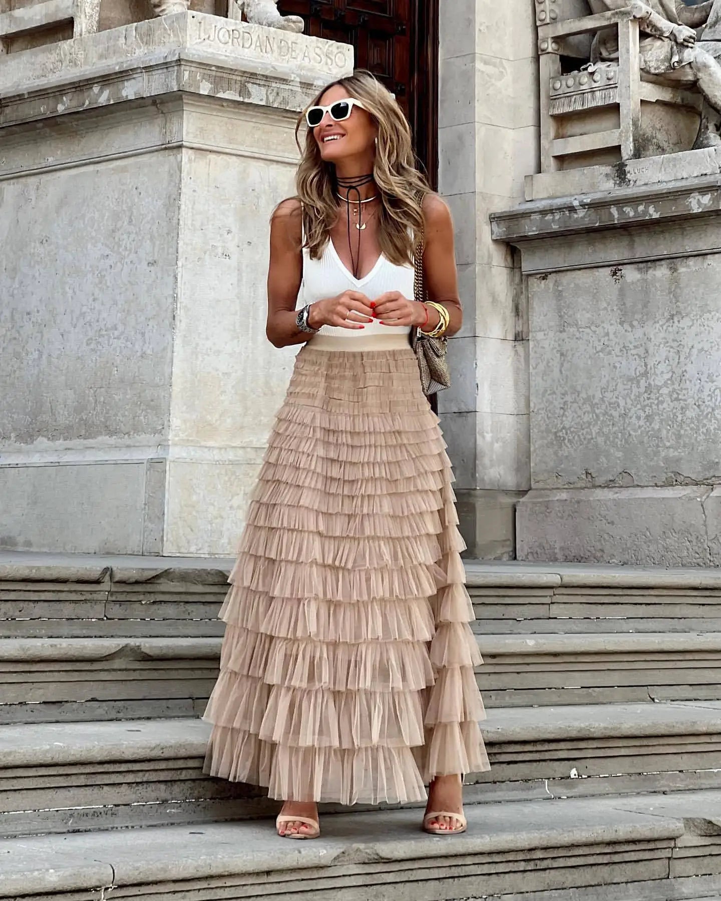 Bxoxo Casual Womens Solid Ball Gown Long Skirt Tulle High Waist Pleated Tutu Skirt Elegant Ladies Wild Mesh Dating Maxi Skirts Drop