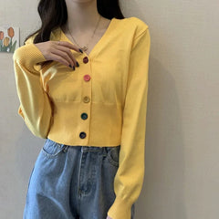 Bxoxo Autumn and Winter Little Fresh Colorful Buttons Younger Slim-Fit Slimming V-Collar Cardigan Long-Sleeved Sweater Top for Women