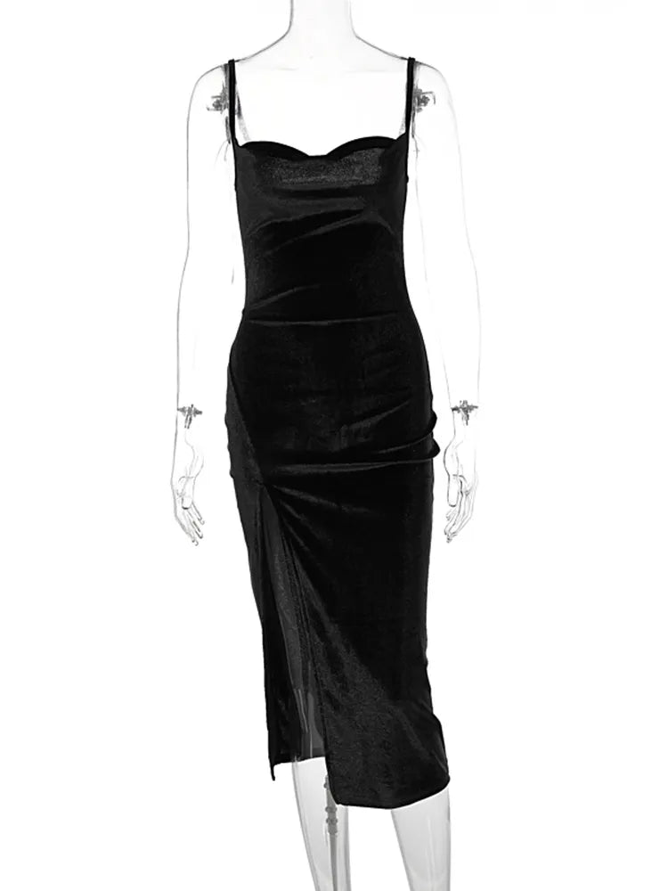 BXOXO Velvet Swing Collar Sleeveless Slip Sexy Slit Maxi Dress New Fashion Evening Party Women Elegant Streetwear Y2K