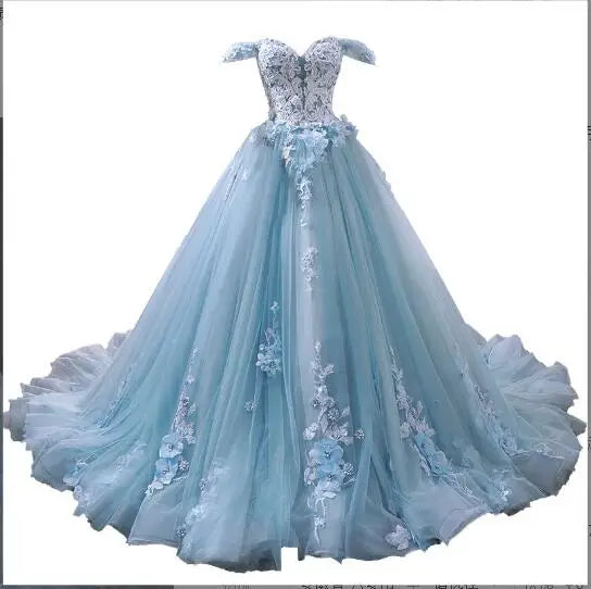BXOXO Luxury Sky Blue Lace Quinceanera Dresses Sweetherts Tulle Party Vestidos 15 Anos Vintage Ball Gown Quinceanera Gown