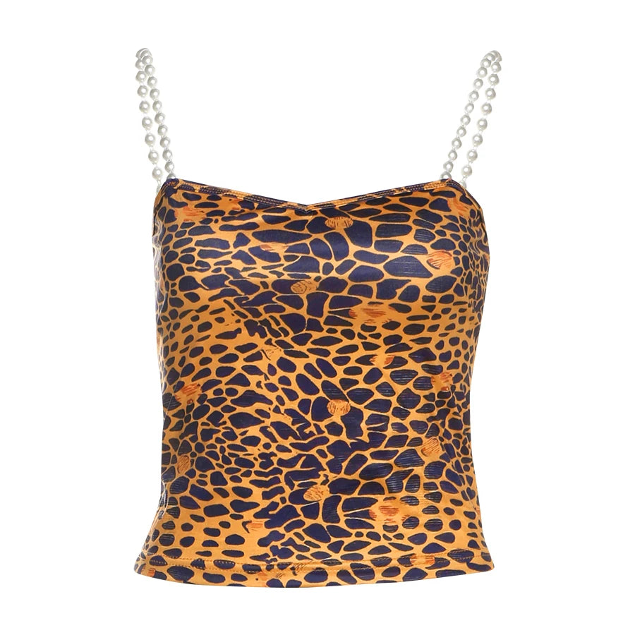 BXOXO Sexy Leopard Print Camisole Women Y2K Pearl Strap Backless Metal Rings Hollow Midnight Clubwear Rave Party Tank Tops