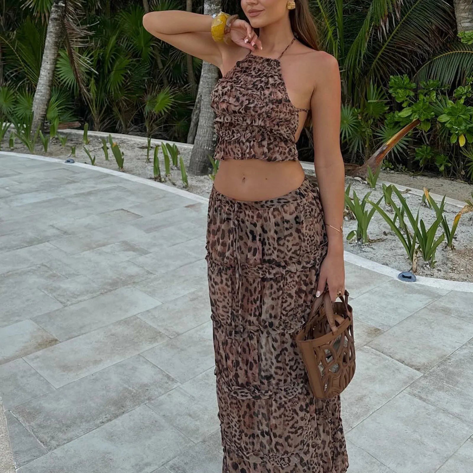 BXOXO 2 Piece Skirt Set for Women Lace Up Back Tank Tops Tie Up High Waist Long Skirts Outfits Fairy Vacation Cottage Dress