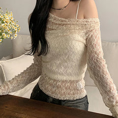 BXOXO Transparent Lace Crop Top Asymmetrical Off-shoulder Long Sleeve Smock T-shirts Women Summer Casual Tees y2k Vintage Tees