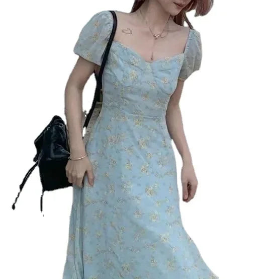 Bxoxo Blue Floral Print Summer Dress Women's High Slit Bubble Sleeve Long Dress Sweet Initial Feeling French Style Tea Break Dress