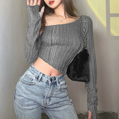 BXOXO Autumn Sexy Tees Women T-shirt Solid Fashion Asymmetrical Long Sleeves Slim Crop Top Casual Bodycon T-shirts Female Streetwear