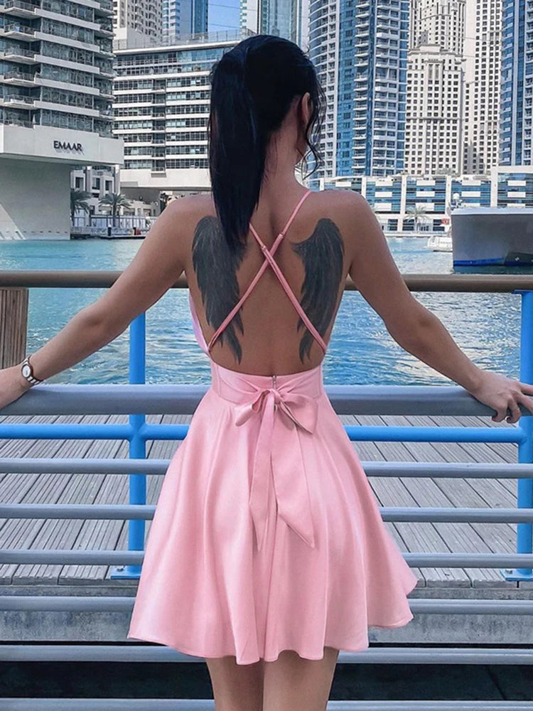 BXOXO Satin Sexy Backless Sleeveless Party Night Club Wrap Mini Dresses Spaghetti Straps Elegant Dress Solid Vestidos