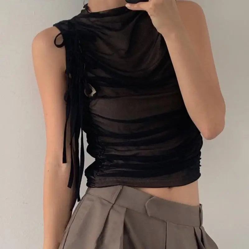 BXOXO Y2k Grunge Tops Women Hollow Out Sleeveless Mesh Tops Streetwear Vintage Retro Tank Tops Lace Up 2000s Japanese Vest