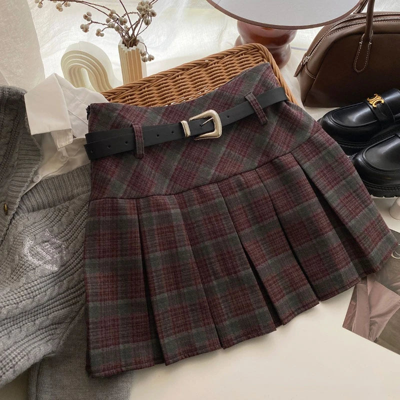 BXOXO Vintage Plaid Skirt Women Preppy Style Kawaii Pleated Skirt Korean Fashion Autumn Winter A-line Streetwear Mini Skirts