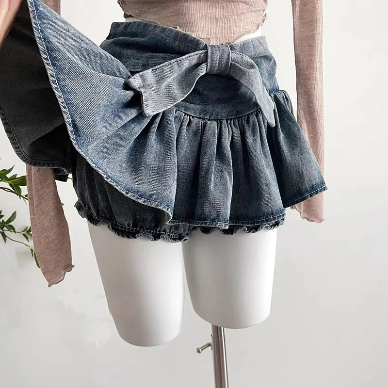 Bxoxo Y2k Bow Denim Skirt with shorts Kawaii Women Vintage Gyaru Ruffle Low Waist Sexy Pleated Mini Skirts Summer Streetwear
