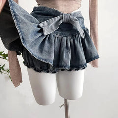 Bxoxo Y2k Bow Denim Skirt with shorts Kawaii Women Vintage Gyaru Ruffle Low Waist Sexy Pleated Mini Skirts Summer Streetwear
