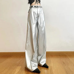 Bxoxo Silver Pu Leather Women Wide Leg Pants Autumn High Waist Streetwear Loose Punk Trousers Y2K Korean Fashion Casual Straight Leg