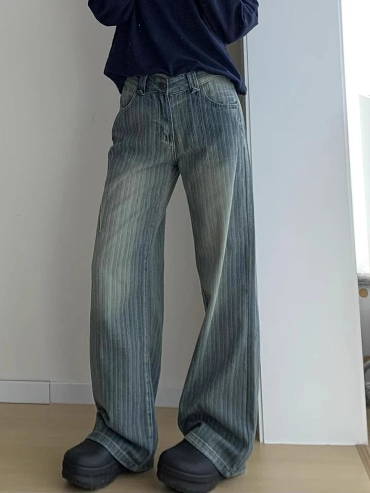 Bxoxo Women Streetwear Striped Jeans Vintage High Waist Design Y2K Denim Pant Casual American Hip Hop Harajuku Wide Leg Trousers Fall
