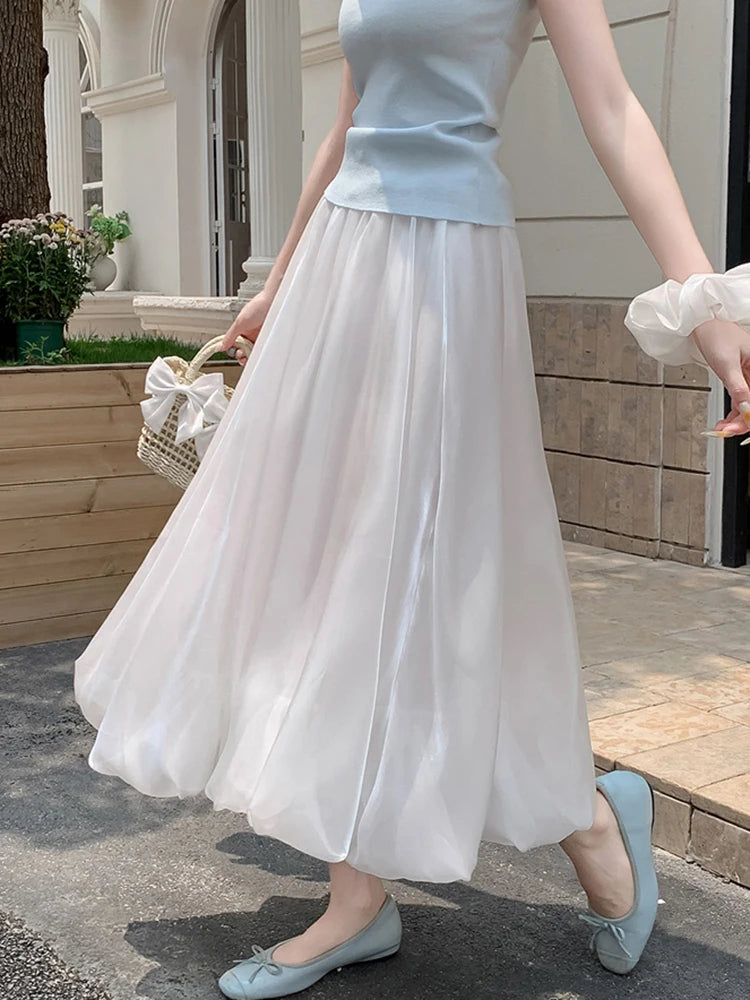 Bxoxo Elegant Stain White Long Skirt Women High Waist Fashion Korean Sweet Skirts Casual Design Summer Gown Ball Long Skirts New