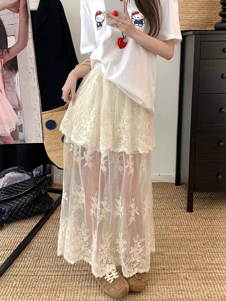 Bxoxo French Elegant Lace Midi Skirts Women Summer New Chic Patchwork Mesh Y2K Female High Waist Jacquard All Match A Line Skirts