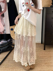 Bxoxo French Elegant Lace Midi Skirts Women Summer New Chic Patchwork Mesh Y2K Female High Waist Jacquard All Match A Line Skirts