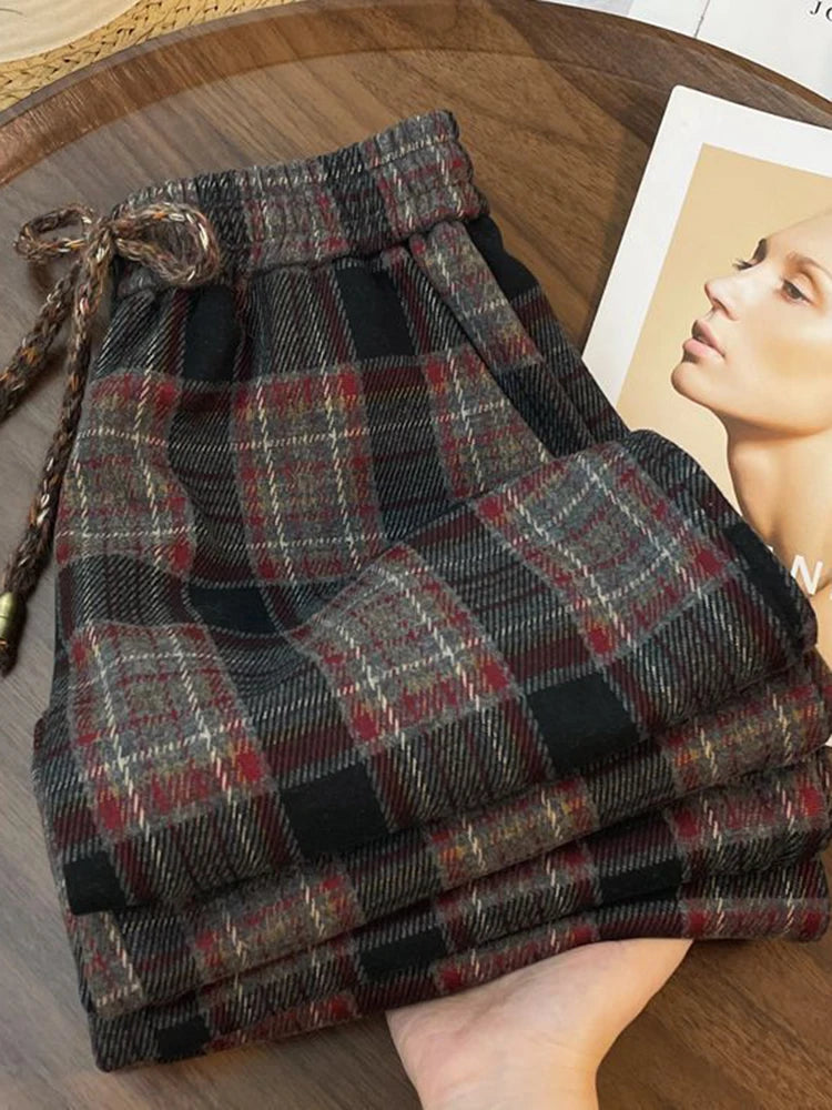 Bxoxo Retro Streetwear Plaid Pants Women Lace Up Loose Hip Hop Straight Trousers High Waist Casual Vintage Harajuku Bf Wide Leg Pant